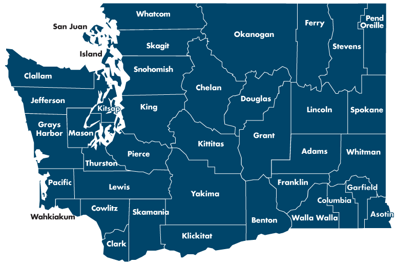 Washington state map with Island, King, San Juan, Skagit, Snohomish, and Whatcom counties highlighted