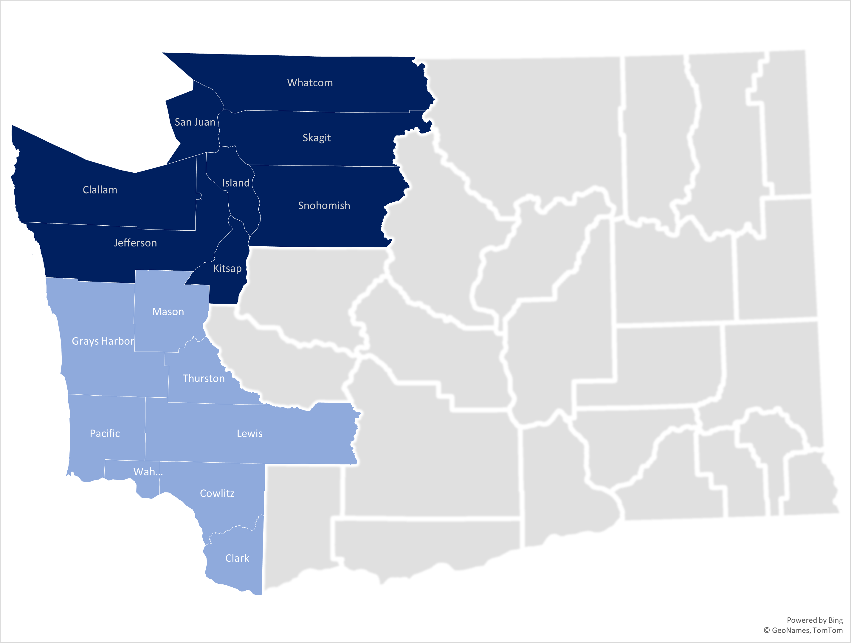 Washington state map with Clallam, Grays Harbor, Jefferson, Kitsap, Lewis, Mason, Pacific, Pierce, and Thurston counties highlighted