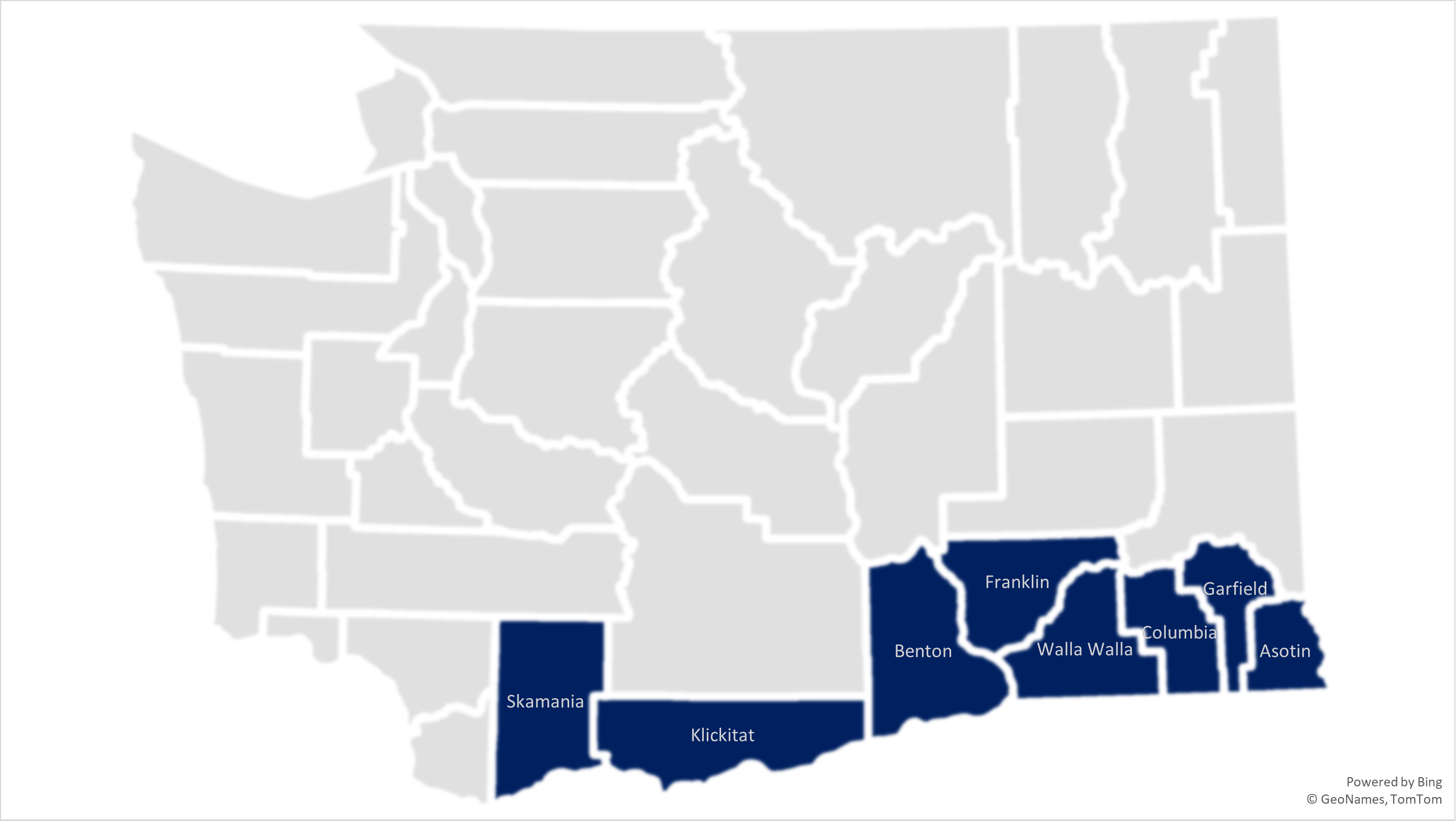 Washington state map with Asotin, Benton, Columbia, Franklin, Garfield, Klickitat, Skamania, and Walla Walla counties highlighted.